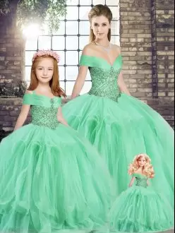 Floor Length Apple Green Ball Gown Prom Dress Tulle Sleeveless Beading and Ruffles