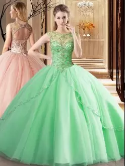 Apple Green Tulle Lace Up Quince Ball Gowns Sleeveless Brush Train Beading