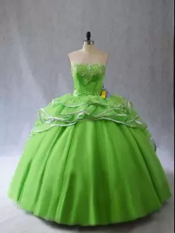 Beauteous Sleeveless Tulle Brush Train Lace Up Quinceanera Gowns in with Appliques and Ruffles