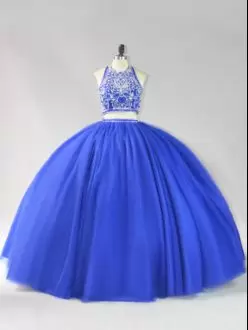 Custom Made Two Pieces Royal Blue Tulle Backless Halter Top Quinceanera Dress wth Beaded Bodice