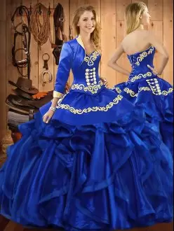 Royal Blue Organza Lace Up Sweetheart Sleeveless Floor Length Sweet 16 Dress Embroidery and Ruffles