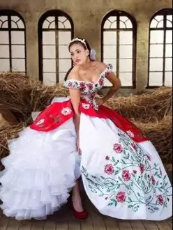 Cowgirl Themed Cap Sleeves White and Red Embroidery Ruffled Quinceanera Dress