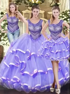 Lavender Ball Gowns Beading and Ruffled Layers 15th Birthday Dress Lace Up Tulle Sleeveless Floor Length