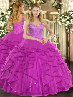 Fantastic Fuchsia Ball Gowns Tulle V-neck Sleeveless Beading and Ruffles Floor Length Lace Up Quinceanera Dresses