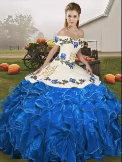 Customized Blue And White Ball Gowns Off The Shoulder Sleeveless Organza Floor Length Lace Up Embroidery and Ruffles Sweet 16 Dresses