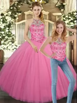 Rose Pink Sleeveless Tulle Lace Up Sweet 16 Quinceanera Dress for Sweet 16 and Quinceanera