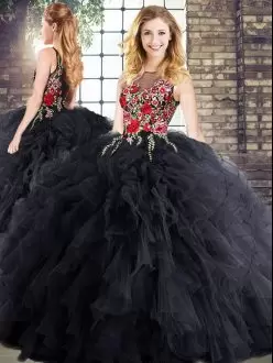 Bateau Sleeveless Quince Ball Gowns Floor Length Embroidery and Ruffles Black