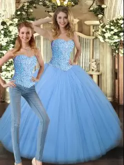 Baby Blue Lace Up 15 Quinceanera Dress Beading Sleeveless Floor Length