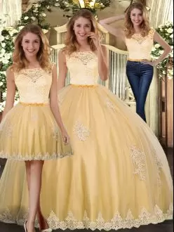 Stylish Gold 15 Quinceanera Dress Military Ball and Sweet 16 and Quinceanera with Lace and Appliques Scoop Sleeveless Clasp Handle