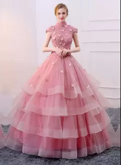 Floor Length Lace Up Ball Gown Prom Dress Coral Red for Sweet 16 and Quinceanera with Beading and Appliques and Bowknot
