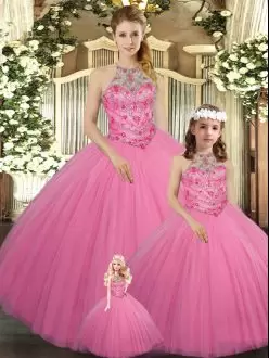Most Popular Rose Pink Sleeveless Tulle Lace Up 15 Quinceanera Dress for Sweet 16 and Quinceanera