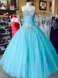 Cheap Custom Design Baby Blue Tulle Quinceanera Dresses for Sweet 16 Beaded Bodice