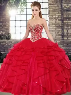 Red Ball Gowns Beading and Ruffles Quince Ball Gowns Lace Up Tulle Sleeveless Floor Length