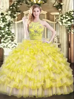 Elegant Yellow Puffy Organza Quinceanera Gown with Beaded Top and Ruffled Bottom