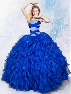 Popular Royal Blue Ball Gowns Organza Strapless Sleeveless Beading and Ruffles Floor Length Lace Up Vestidos de Quinceanera