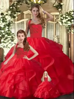 Amazing Tulle Halter Top Sleeveless Lace Up Ruffles Vestidos de Quinceanera in Red