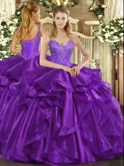 Beautiful Sleeveless Straps Beading and Ruffles Lace Up 15th Birthday Dress