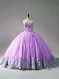 Fashion Lilac Tulle Lace Up Vestidos de Quinceanera Sleeveless Court Train Appliques