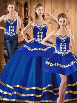 Customized Blue Sleeveless Satin and Tulle Lace Up Ball Gown Prom Dress for Military Ball and Sweet 16 and Quinceanera