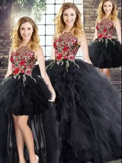 Black Ball Gowns Scoop Sleeveless Floor Length Zipper Embroidery and Ruffles 15th Birthday Dress