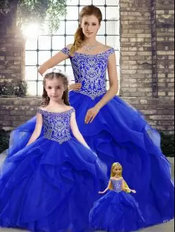 Beautiful Lace Up 15 Quinceanera Dress Royal Blue for Military Ball and Sweet 16 and Quinceanera with Beading and Ruffles Brush Train