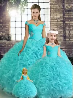 Stylish Floor Length Lace Up 15 Quinceanera Dress Aqua Blue for Military Ball and Sweet 16 and Quinceanera with Beading