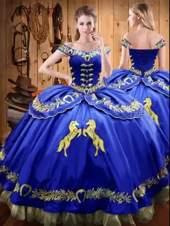 Royal Blue Ball Gown Charro Quince Dress with Horses Off The Shoulder Lace Up