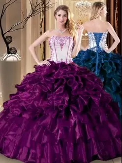 Sexy Strapless Sleeveless Quinceanera Gown Floor Length Pick Ups Purple Organza