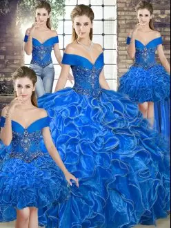 Charming Sleeveless Floor Length Beading and Ruffles Lace Up Ball Gown Prom Dress with Royal Blue