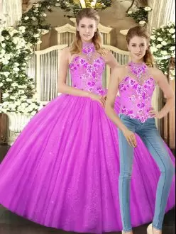 Floor Length Lilac 15th Birthday Dress Halter Top Sleeveless Lace Up