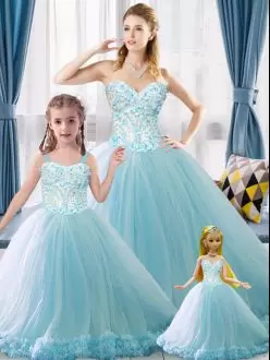 Tulle Sweetheart Sleeveless Brush Train Lace Up Appliques 15th Birthday Dress in Light Blue