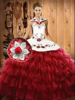 Adorable Sleeveless Organza Floor Length Lace Up Quince Ball Gowns in Wine Red with Embroidery and Ruffled Layers