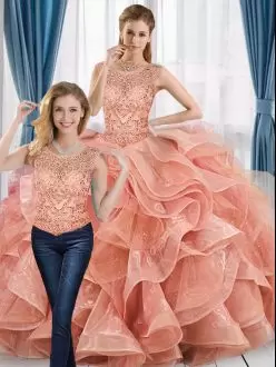 Scoop Sleeveless Vestidos de Quinceanera Peach Organza Beading