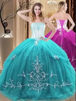 Designer Aqua Blue Lace Up Strapless Embroidery Ball Gown Prom Dress Tulle Sleeveless
