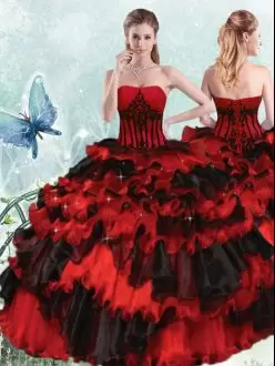 Red And Black Strapless Lace Up Appliques and Ruffled Layers Sweet 16 Dresses Sleeveless