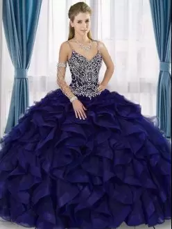 Exceptional Straps Sleeveless 15th Birthday Dress Floor Length Beading and Ruffles Purple Organza