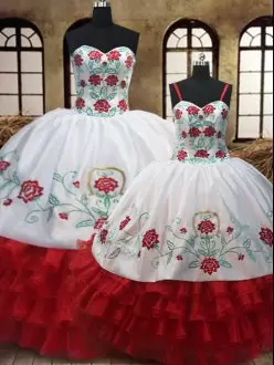 Charming Sleeveless Floor Length Embroidery and Ruffled Layers Lace Up 15th Birthday Dress with White And Red