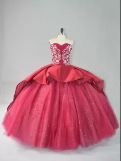 Cutom Design Sweetheart Shunning Tulle Court Train Quinceanera Dress Wine Red Satin and Appliques