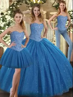 Sleeveless Floor Length Beading Lace Up 15 Quinceanera Dress with Teal