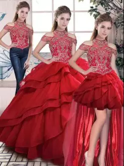 Cheap Sleeveless Beading and Ruffles Lace Up 15th Birthday Dress with Red