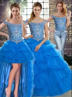 Cute Blue Quinceanera Gown Tulle Brush Train Sleeveless Beading and Pick Ups