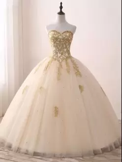 Tulle Sweetheart Sleeveless Lace Up Beading and Lace and Appliques Quinceanera Dress in Champagne
