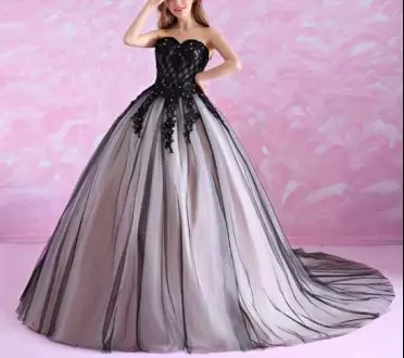 Two Tone Black Lace and Appliques Quinceanera Dress with Chapel Train