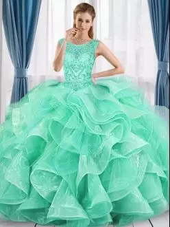 Apple Green Ball Gowns Organza and Tulle Scoop Sleeveless Beading Floor Length Lace Up Quinceanera Gowns