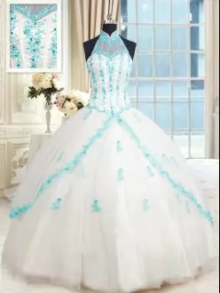 High Collar White Sheer Neck Tulle Quinceanera Dress with Aqua Appliques