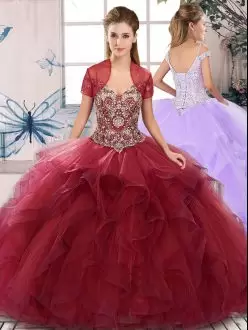 Floor Length Lace Up Ball Gown Prom Dress Burgundy for Military Ball and Sweet 16 and Quinceanera with Beading and Ruffles