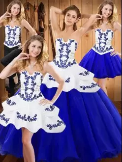 Graceful Sleeveless Floor Length Embroidery Lace Up Sweet 16 Dress with Royal Blue