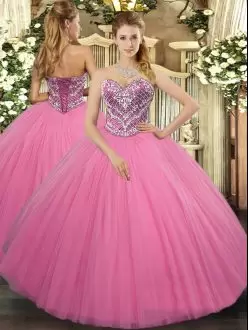 Floor Length Rose Pink Sweet 16 Quinceanera Dress Tulle Sleeveless Beading