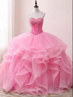 Sexy Baby Pink Sweetheart Lace Up Beading Ball Gown Prom Dress Sleeveless