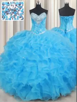 Baby Blue Sleeveless Organza Lace Up Sweet 16 Dresses for Military Ball and Sweet 16 and Quinceanera